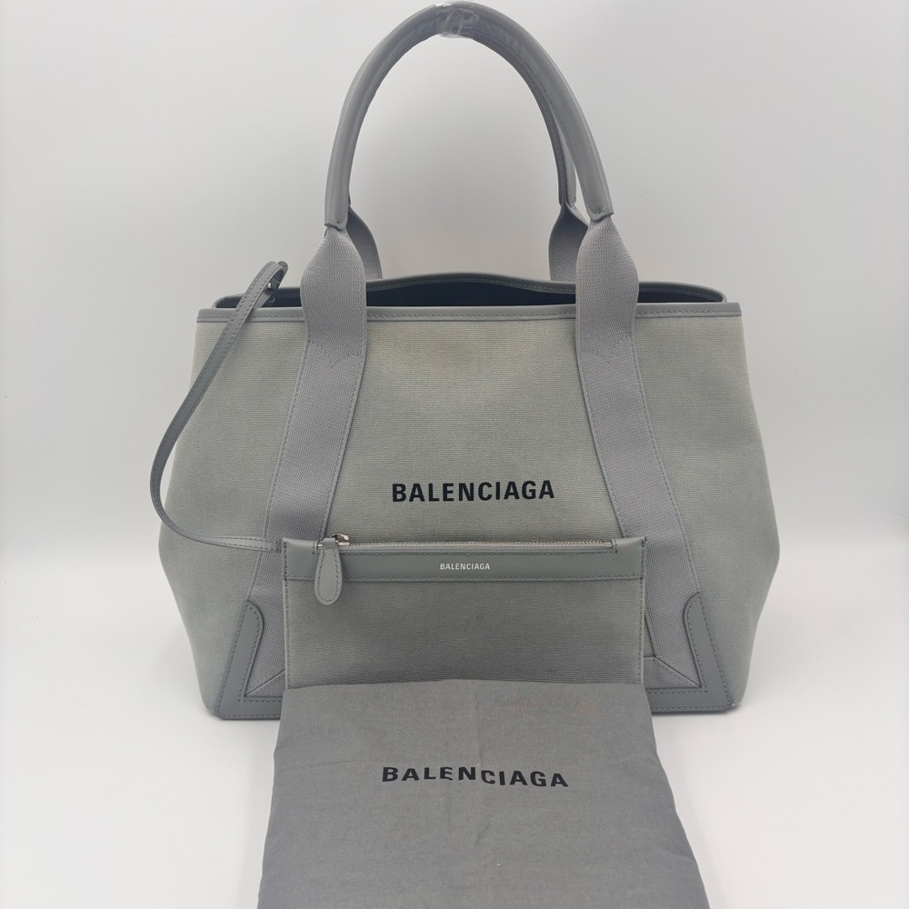 Balenciaga Cotton Canvas Silk Calfskin S Navy Cabas Grey with Pouch ✨ - Picture 3 of 15